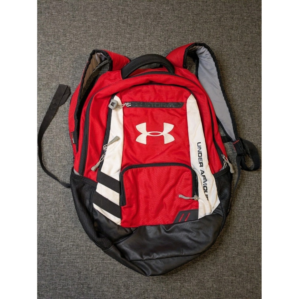 Under Armour Storm Heat Gear Team Hustle Backpack Red Big Logo School Book Bag